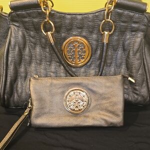 Black Leather Handbag and Clutch Set